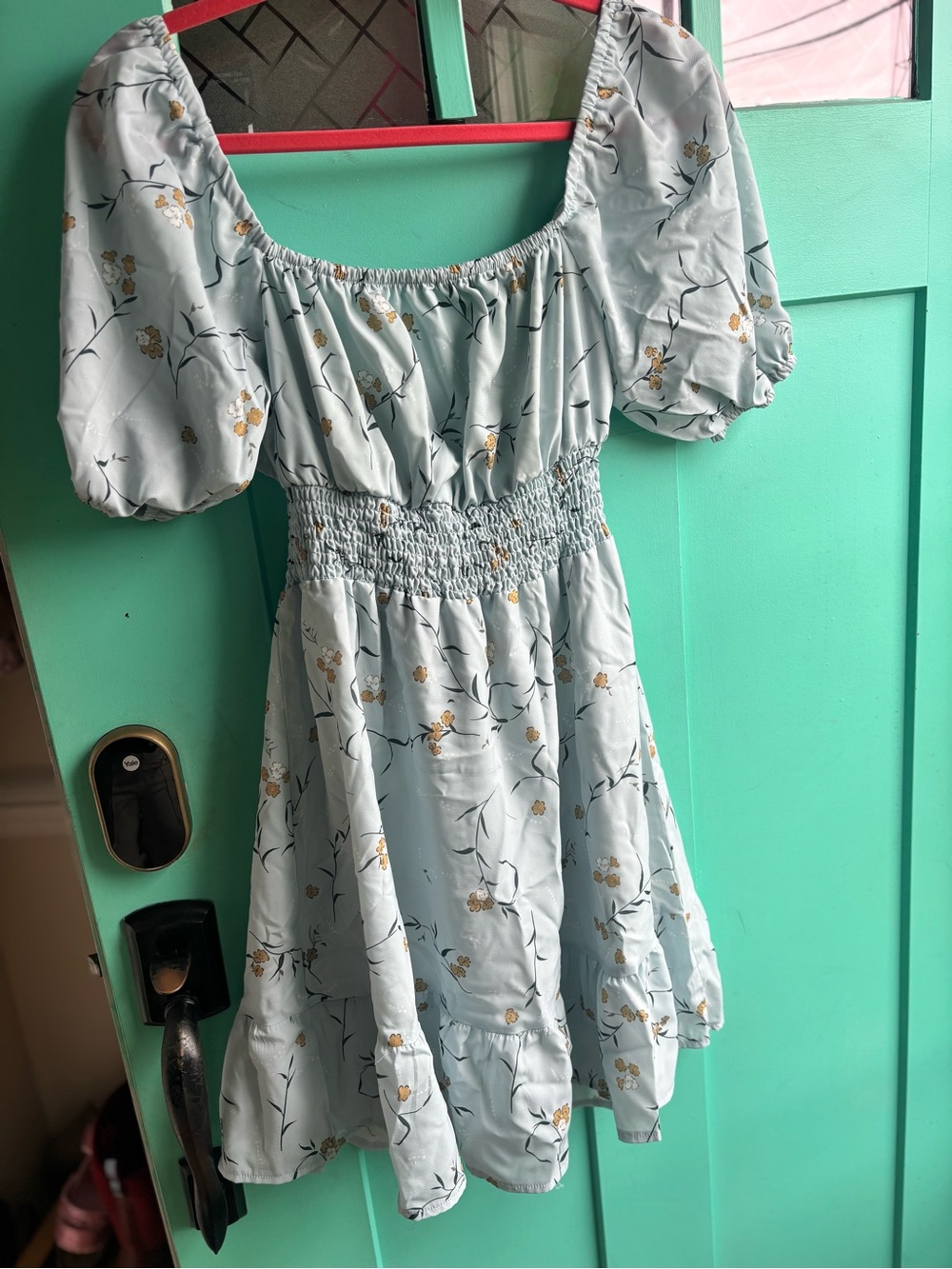 Smocked Puff-Sleeve Mini Dress in Light Blue Floral